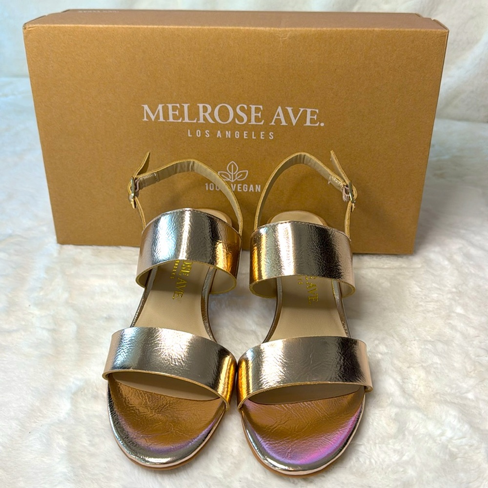 Melrose Ave. Los Angeles 100% Vegan, Rose Gold Metallic, 2” Heel, Strap Sandals - Picture 4 of 12